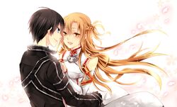  1girl asuna_(sao) black_eyes black_hair breastplate brown_eyes brown_hair couple detached_sleeves eye_contact kao_lee kirito looking_at_another short_hair sword_art_online 