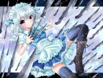  1girl black_legwear boots braid izayoi_sakuya konpotsu maid_apron maid_headdress red_eyes silver_hair solo thigh-highs too_many_knives touhou twin_braids 