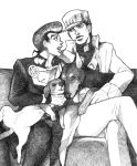  bud_(korovsme) couch dog gakuran graphite_(medium) hat higashikata_jousuke jojo_no_kimyou_na_bouken kuujou_joutarou monochrome multiple_boys pompadour school_uniform traditional_media 