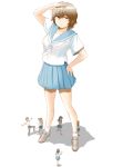  brown_hair giantess hand_on_hip highres long_hair looking_at_viewer original panah school_uniform serafuku short_hair simple_background skirt smile white_background 