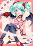  aqua_eyes aqua_hair demon_tail demon_wings fingerless_gloves gloves hatsune_miku headset heart marker_(medium) mocomoco_party open_mouth sample sitting skirt solo tail thigh-highs thighhighs traditional_media twintails vocaloid wings 