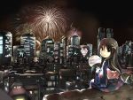  aerial_fireworks artist_name bag black_eyes brown_hair building city cityscape colored fan fireworks flower hair_flower hair_ornament highres ichiba_youichi japanese_clothes kamamau kimono long_hair looking_back night night_sky obi original paper_fan sitting sitting_on_roof sky translated uchiwa 