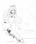  :d archellaura barefoot bikini breasts earrings ganaha_hibiki hair_ribbon hamster hamuzou highres idolmaster jewelry long_hair looking_at_viewer monochrome navel open_mouth ponytail ribbon rock sketch smile solo swimsuit water wet 