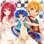  2boys :d aladdin_(magi) ali_baba_saluja blonde_hair blue_eyes blue_hair checkered checkered_background choker dress earrings flute instrument jewelry long_hair magi_the_labyrinth_of_magic midriff morgiana multiple_boys navel open_mouth outstretched_arms red_eyes red_hair redhead shirt side_ponytail smile spread_arms star starry_background turban uzuki_aki vest white_dress yellow_eyes 