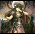  armor bird braid dance fan green_eyes green_hair holding jewelry kokoshnik letterboxed long_hair looking_at_viewer multiple_braids necklace original ouri peacock smile solo very_long_hair 