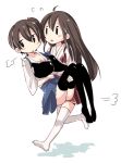  2girls ahoge akagi_(kantai_collection) armor blush_stickers brown_hair carrying japanese_clothes kaga_(kantai_collection) kantai_collection long_hair multiple_girls muneate open_mouth personification ponytail princess_carry running sen&#039;yuu_yuuji side_ponytail sweatdrop thighhighs torn_clothes 