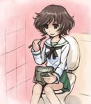  akiyama_yukari brown_hair bullying chopsticks eating empty_eyes girls_und_panzer kiarino rice school_uniform serafuku short_hair sitting solo toilet toilet_seat 