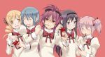  ^_^ akemi_homura anger_vein black_hair blonde_hair blue_hair bow box cheek_poke closed_eyes drill_hair feeding hair_bow hair_ornament hairband hairclip hat juliet_sleeves kaname_madoka long_sleeves magical_girl mahou_shoujo_madoka_magica miki_sayaka multiple_girls open_mouth orange_ize pink_hair pocky pocky_day poking puffy_sleeves purple_eyes red_background red_eyes red_hair redhead sakura_kyouko school_uniform simple_background smile tomoe_mami twin_drills twintails violet_eyes yellow_eyes 