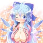  :3 adult alternate_breast_size alternate_hair_length alternate_hairstyle artist_name between_breasts blue_eyes blue_hair blush bow breasts bust cirno hair_bow ice ice_wings large_breasts long_hair looking_at_viewer mouth_hold pajamas pocky sick solo teenage thermometer touhou wings wink yurume_atsushi 