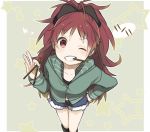  bow grin hair_bow hand_on_hip looking_at_viewer mahou_shoujo_madoka_magica mouth_hold pocky pocky_day ponytail re_li red_eyes red_hair redhead sakura_kyouko shorts smile solo star wink 