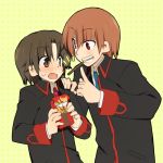  brown_eyes brown_hair little_busters!! male multiple_boys naoe_riki natsume_kyousuke pocky pocky_day pocky_kiss red_eyes school_uniform shacttainw shared_food short_hair 