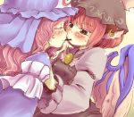  animal_ears blush brown_eyes closed_eyes eyes_closed hat jewelry lips multiple_girls mystia_lorelei nise_nanatsura pink_hair pocky pocky_kiss rough saigyouji_yuyuko shared_food short_hair single_earring sweat sweatdrop touhou wings yuri 