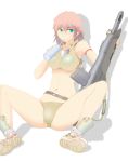  absurdres bikini breasts gun highres original panah simple_background solo spread_legs swimsuit weapon white_background 