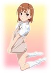  blush brown_eyes brown_hair feet hair_ornament hairpin highres kneehighs misaka_mikoto no_pants no_shoes school_uniform shirt_tug short_hair shorts smile_(rz) solo sweater_vest to_aru_kagaku_no_railgun to_aru_majutsu_no_index 