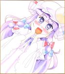  arnest bow crescent hair_bow hat heart heart-shaped_pupils long_hair open_mouth patchouli_knowledge purple_eyes purple_hair shikishi solo symbol-shaped_pupils touhou traditional_media violet_eyes 