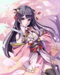  animal_ears bare_shoulders black_eyes black_hair black_legwear cherry_blossoms commentary_request copyright_request fukukitaru holding japanese_clothes knife long_hair looking_at_viewer petals solo thigh-highs thighhighs 