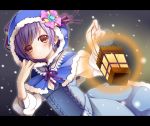  blush brown_eyes dress holding hood lantern letterboxed nekosugiayana original purple_hair short_hair snowing solo 