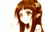  bare_shoulders blush flower godees graphite_(medium) hair_flower hair_ornament long_hair looking_away monochrome pointy_ears portrait sepia signature smile solo sword_art_online traditional_media yui_(sao) yui_(sao-alo) 