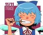  ^_^ ascot blue_hair bow cirno closed_eyes eyes_closed hair_bow ice ice_wings onikobe_rin pocky pocky_day short_hair simple_background smile solo teeth touhou wings 