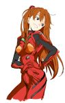  blue_eyes bodysuit grin hair_ornament hand_on_hip highres long_hair magomago neon_genesis_evangelion orange_hair plugsuit sketch smile solo soryu_asuka_langley souryuu_asuka_langley white_background 