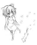  animal_ears blush cat cat_ears cat_tail copyright_request deku_(pixiv26269) flat_chest monochrome paw_print short_hair simple_background solo tail white_background 