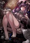  1girl bare_legs barefoot book bow breasts death_is_13 feet hair_bow hat patchouli_knowledge payot pillow purple_hair sitting solo touhou violet_eyes 