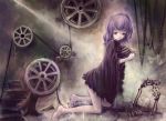  amejou_satoshi copyright_request dress film_reel girl purple_eyes purple_hair reel skeleton solo tape violet_eyes 