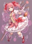  ahoge bow bow_(weapon) bubble_skirt dress gloves hair_bow kaname_madoka magical_girl mahou_shoujo_madoka_magica maple pink_eyes pink_hair smile solo soul_gem twintails weapon 