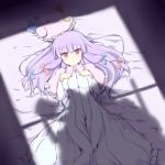  bow breasts coo crescent dress hair_bow hat hat_removed headwear_removed highres long_hair lying on_back patchouli_knowledge purple_eyes purple_hair shadow solo touhou vertical_stripes violet_eyes 
