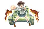  :d akiyama_yukari blush_stickers bowtie brown_eyes brown_hair caterpillar_tracks clenched_hand clenched_hands fire foreshortening girls_und_panzer highres loafers military military_vehicle missacula open_mouth school_uniform serafuku shoes short_hair smile socks solo tank vehicle 