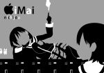  absurdres aioi_yuuko arm_support character_name digital_media_player faceless grey_background hand_on_own_cheek high_contrast highres ipod ipod_ad lying midorigunso3 minakami_mai monochrome multiple_girls nichijou no_lineart on_side outstretched_arm pointing pointing_up short_hair simple_background title_drop 