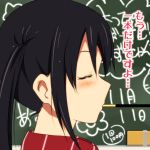  black_hair blush closed_eyes eyes_closed k-on! long_hair mouth_hold nakano_azusa nanashiwan pocky side solo translated translation_request twintails 