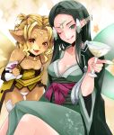  :d :q alicia_rue animal_ears bell bell_collar blonde_hair breasts cat_ears cleavage collar cup down_blouse ear_covers fairy fang green_eyes green_hair hair_tubes japanese_clothes long_hair multiple_girls open_mouth pointy_ears red_eyes sakuya_(sao) settyaro slit_pupils smile sword_art_online tan tongue wavy_hair wine_glass wink 