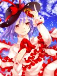  blush fuusha gift hat hat_ribbon holding nagae_iku petals purple_hair red_eyes ribbon short_hair smile solo touhou wind 