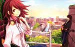  1girl copyright_request guitar headphones instrument looking_at_viewer red_eyes red_hair redhead smile tamura_(sntmr) 