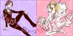  2girls blonde_hair bouquet bride brown_hair christa_renz dress english flower formal hachi_(aimu) monochrome multiple_girls pant_suit pink_background purple_background shingeki_no_kyojin short_hair sitting suit veil wedding wedding_dress ymir_(shingeki_no_kyojin) yuri 