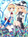  alice_margatroid blonde_hair blue_eyes blush boots bow breasts capelet cleavage cross-laced_footwear dress fred0092 hair_bow hairband hat highres kirisame_marisa lace-up_boots long_hair multiple_girls open_mouth short_hair smile thigh-highs thighhighs touhou vertical-striped_legwear vertical_stripes white_legwear wrist_cuffs 