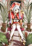  blue_eyes bow capelet chair fingerless_gloves gloves hair_bow hat long_hair neo-masterpeacer original plant potted_plant silver_hair sitting solo thigh-highs thighhighs white_legwear 