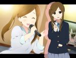  brown_eyes brown_hair extra hatasuke k-on! karaoke long_hair microphone okada_haruna school_uniform side_ponytail singing v 