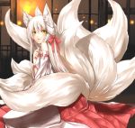 animal_ears detached_sleeves fox_ears fox_tail japanese_clothes kyougoku_touya miko multiple_tails original solo tail white_hair yellow_eyes 