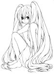  barefoot hatsune_miku hinata_riku lineart long_hair monochrome sitting solo very_long_hair vocaloid 