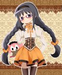  akemi_homura black_hair blue_eyes braid charlotte_(madoka_magica) cosplay glasses hair_bobbles hair_ornament hairband mahou_shoujo_madoka_magica red-framed_glasses skirt smile thighhighs tomoe_mami tomoe_mami_(cosplay) twin_braids vertical-striped_legwear vertical_stripes yuiyuimoe 