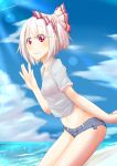  alternate_hair_length alternate_hairstyle beach cutoffs denim denim_shorts fujiwara_no_mokou highres matsura_(nagatosan) midriff navel red_eyes short_hair short_shorts short_sleeves shorts silver_hair sky smile solo touhou white_hair 