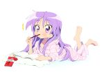  absurdres alternate_hairstyle barefoot book collarbone eating feet hair_down highres hiiragi_kagami long_hair lucky_star on_stomach pajamas pillow pocky purple_eyes purple_hair revision surprised sweatdrop tsurime tyke violet_eyes 