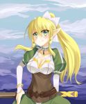  blonde_hair blush braid breasts cleavage east01_06 green_eyes hand_on_hip highres large_breasts leafa long_hair pointy_ears ponytail puffy_sleeves smile solo sword_art_online twin_braids 