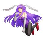  1girl animal_ears bare_arms bare_shoulders black_legwear breasts bridal_gauntlets bunny_girl bunny_tail bunnysuit cleavage collarbone finger_to_mouth gauntlets hyounosen_ena leotard lips long_hair looking_at_viewer mound_of_venus pantyhose purple_hair rabbit rabbit_ears red_eyes red_shoes reisen_udongein_inaba shoes simple_background smile solo tail touhou very_long_hair white_background 