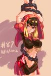  arms_up bdsm blonde_hair bondage bound_arms breasts chain chains colored dated hood junkpuyo large_breasts midriff navel odin_sphere puff_and_slash_sleeves purple_eyes solo velvet_(odin_sphere) violet_eyes 