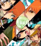  3boys abarai_renji black_hair bleach brown_eyes bubblegum cookie cup eating facial_mark food glasses grey_eyes hamburger inoue_orihime ishida_uryuu kuchiki_rukia kurosaki_ichigo looking_at_viewer lowres multiple_boys multiple_girls open_mouth orange_hair souno_kazuki straw tattoo teeth title_drop tongue 