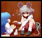  2girls animal_ears blue_hair blush cheese grey_hair ishikkoro looking_at_viewer mouse mouse_ears mouse_tail mouth_hold multiple_girls nazrin outstretched_hand red_eyes revision sitting tail tatara_kogasa touhou 