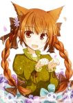  animal_ears arms_up blush bow braid brown_eyes brown_hair bust cat_ears dress extra_ears fang flower frame green_dress hair_bow hair_flower hair_ornament hair_ribbon highres kaenbyou_rin long_hair mashayuki open_mouth paw_pose petals revision ribbon skull smile solo touhou twin_braids twintails 